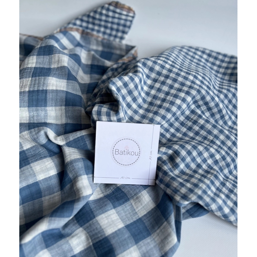 Double gaze de coton vichy réversible Bleu jean / blanc