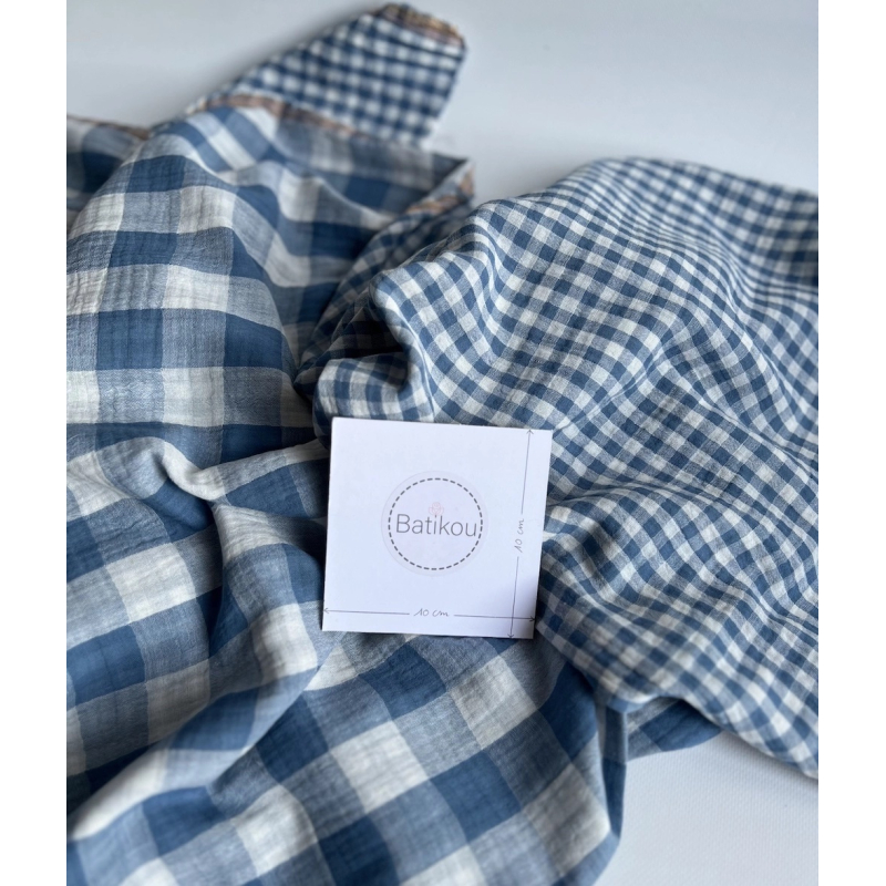 Double gaze de coton vichy réversible Bleu jean / blanc