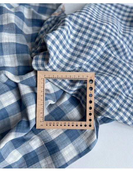 Double gaze de coton vichy réversible Bleu jean / blanc