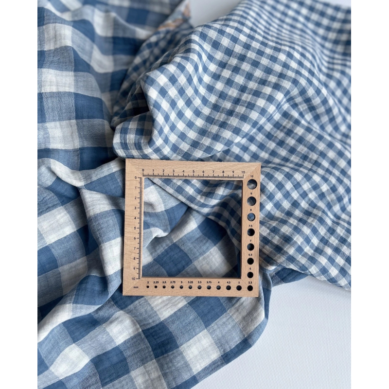 Double gaze de coton vichy réversible Bleu jean / blanc