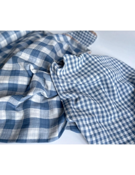Double gaze de coton vichy réversible Bleu jean / blanc