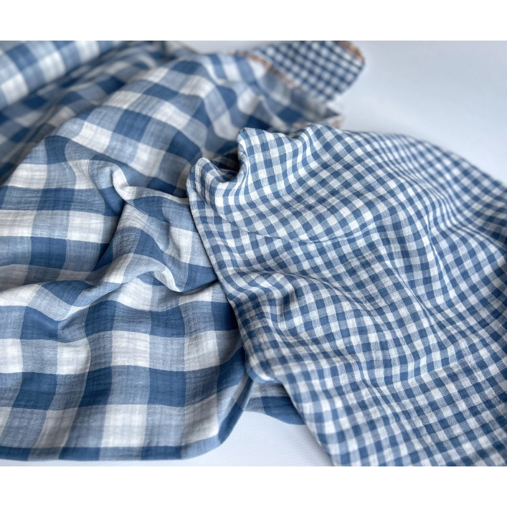 Double gaze de coton vichy réversible Bleu jean / blanc