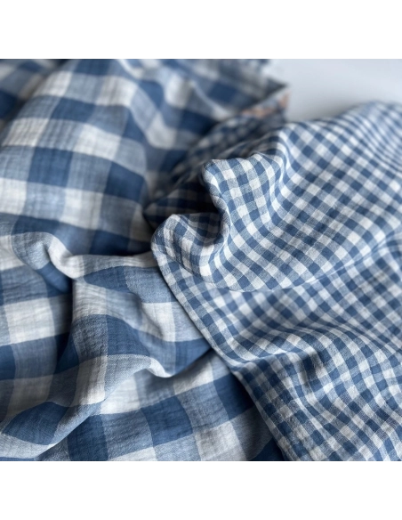 Double gaze de coton vichy réversible Bleu jean / blanc