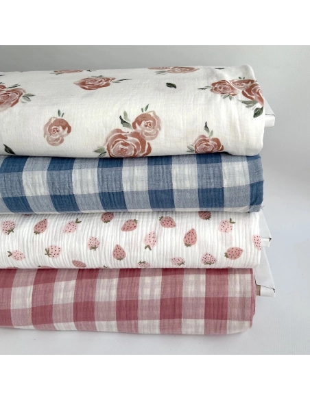 Double gaze de coton vichy réversible Bleu jean / blanc