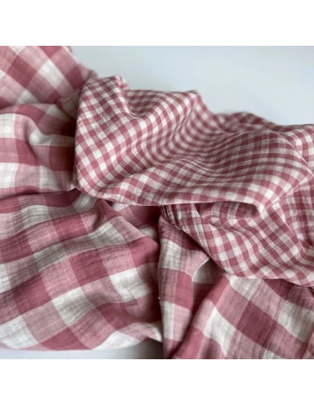 Double gaze de coton vichy réversible framboise / blanc Qualité Oeko-tex - 1