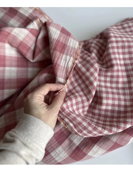 Double gaze de coton vichy réversible framboise / blanc Qualité Oeko-tex - 2