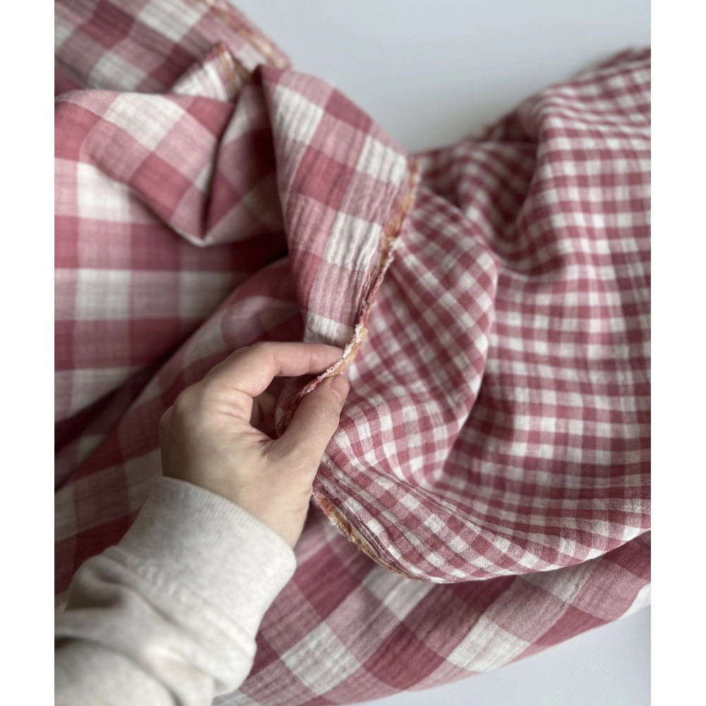 Double gaze de coton vichy réversible framboise / blanc Qualité Oeko-tex - 2