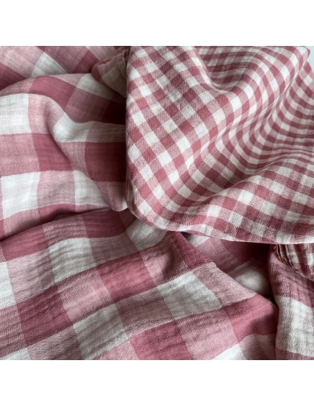 Double gaze de coton vichy réversible framboise / blanc Qualité Oeko-tex - 3