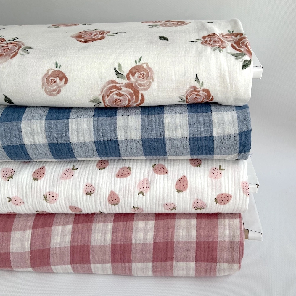 Double gaze de coton vichy réversible framboise / blanc Qualité Oeko-tex - 7