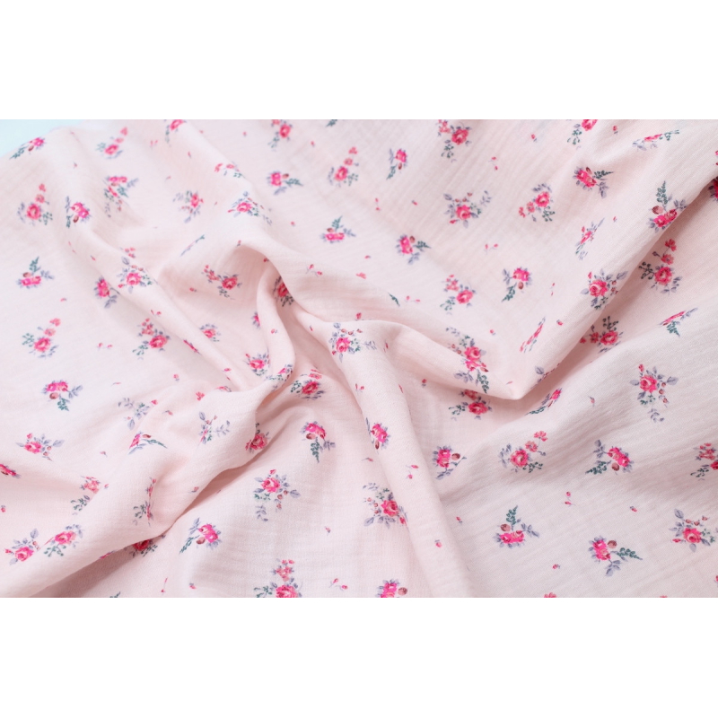 Salomé - Double gaze de coton BIO exclusif rose poudré à motifs Salomé - Double gaze de coton BIO exclusif rose poudré à motifs