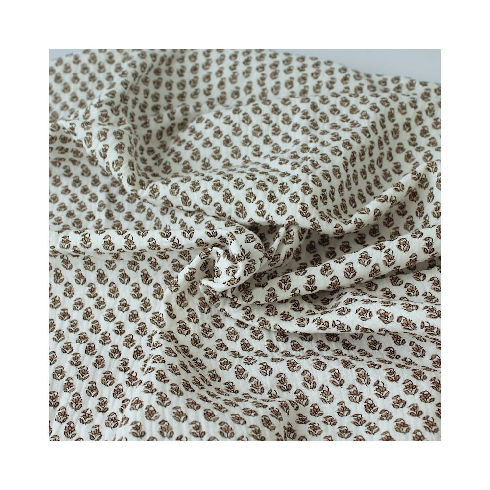 Aria -Double gaze de coton blanc cassé à motifs petites fleurs façon hand block