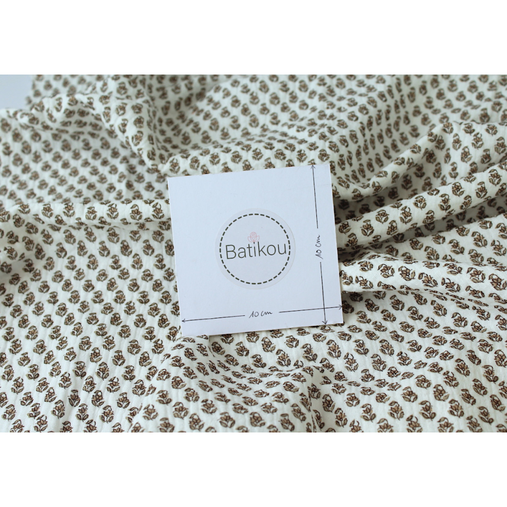 Aria -Double gaze de coton blanc cassé à motifs petites fleurs façon hand block