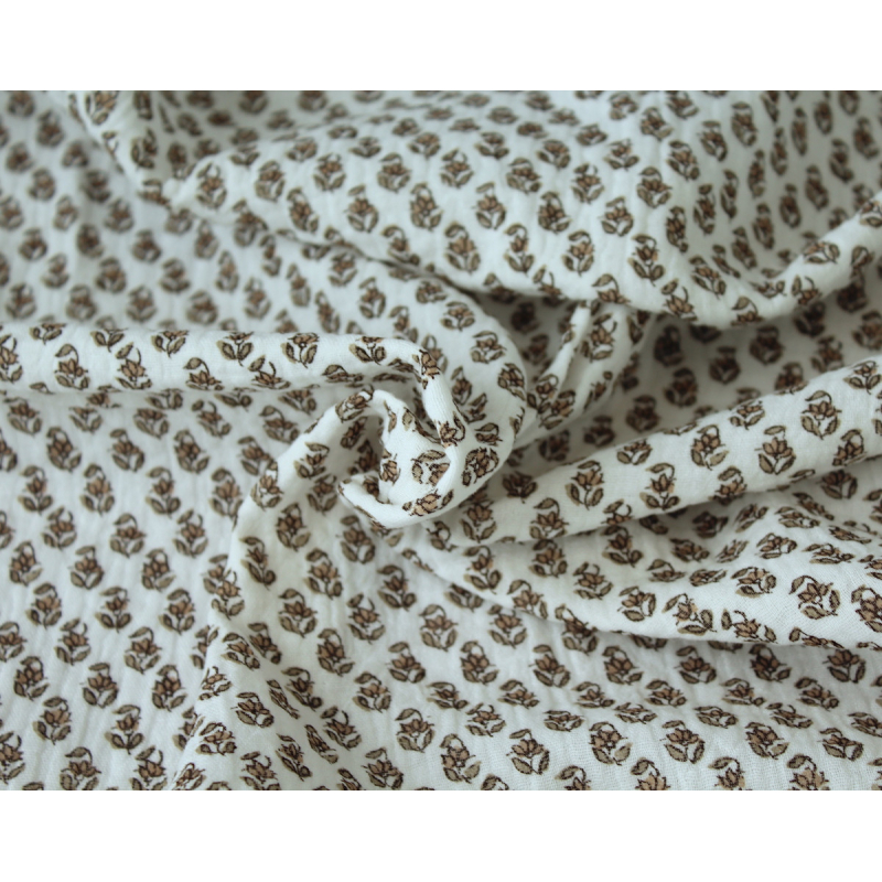 Aria -Double gaze de coton blanc cassé à motifs petites fleurs façon hand block