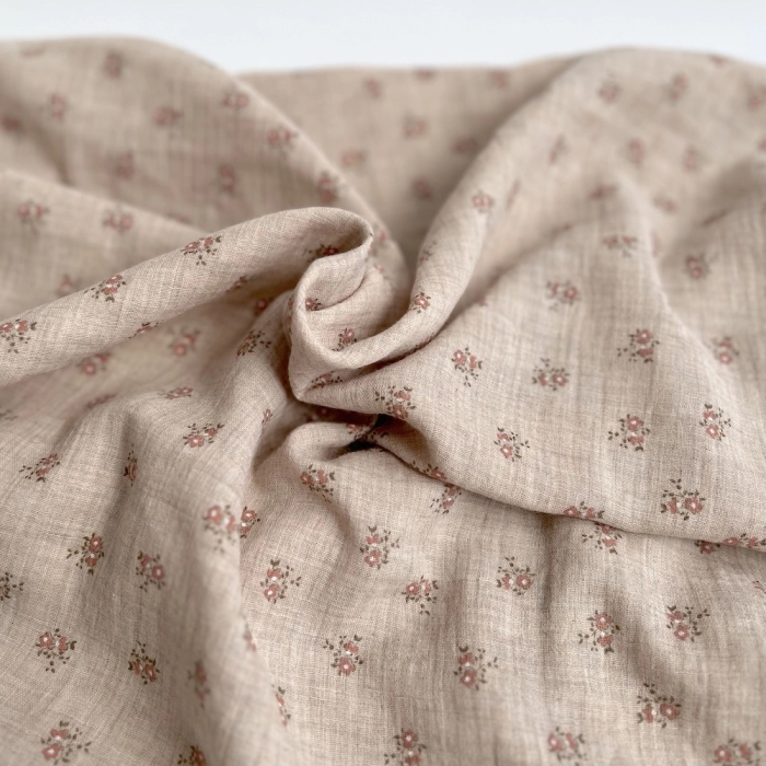 IDA - Double gaze de coton BIO chiné coloris beige fleuri
