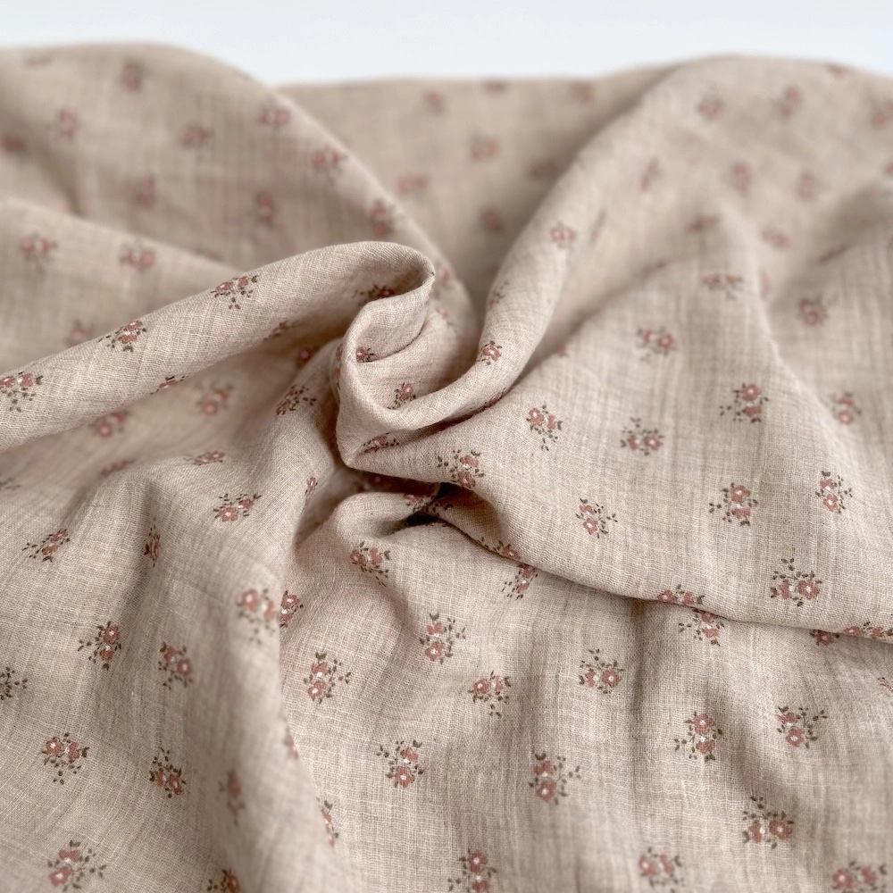 IDA - Double gaze de coton BIO chiné coloris beige fleuri