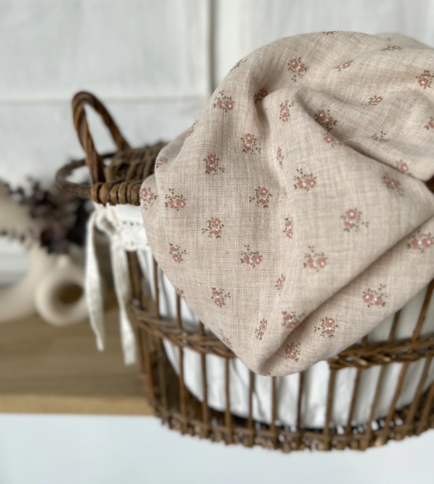 IDA - Double gaze de coton BIO chiné coloris beige fleuri