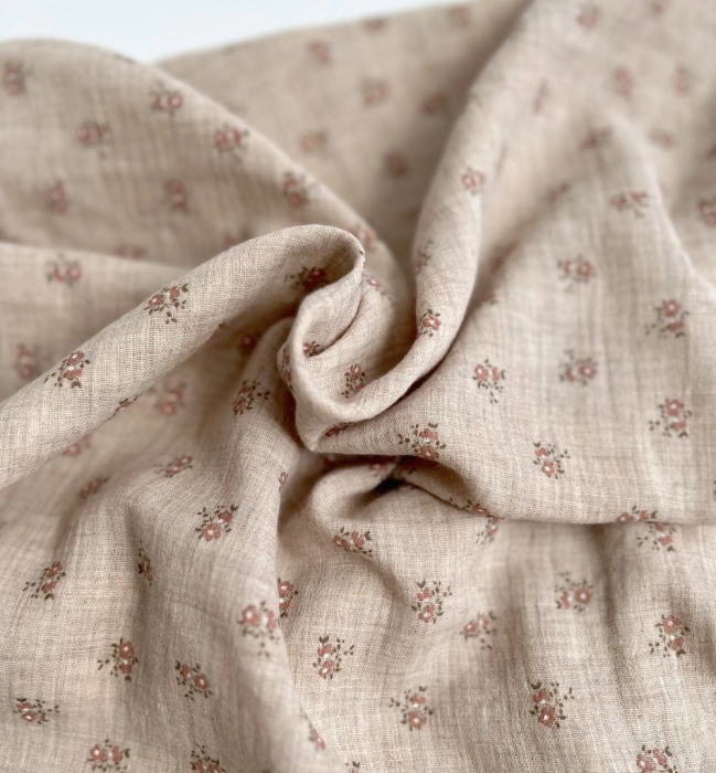 IDA - Double gaze de coton BIO chiné coloris beige fleuri