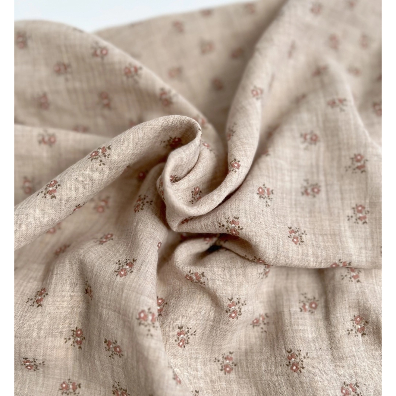 IDA - Double gaze de coton BIO chiné coloris beige fleuri