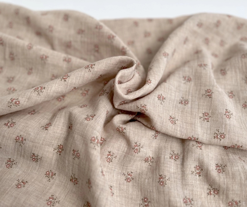 IDA - Double gaze de coton BIO chiné coloris beige fleuri