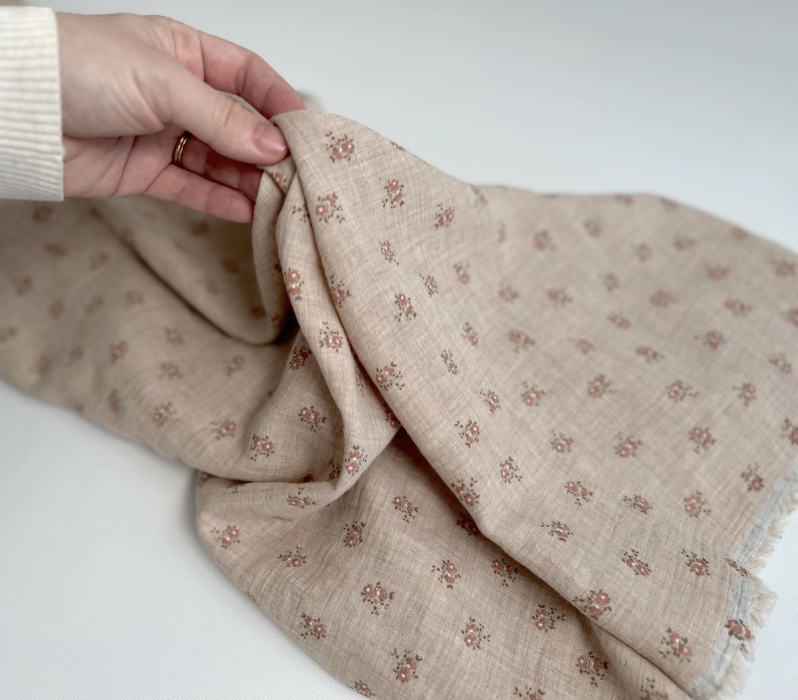 IDA - Double gaze de coton BIO chiné coloris beige fleuri