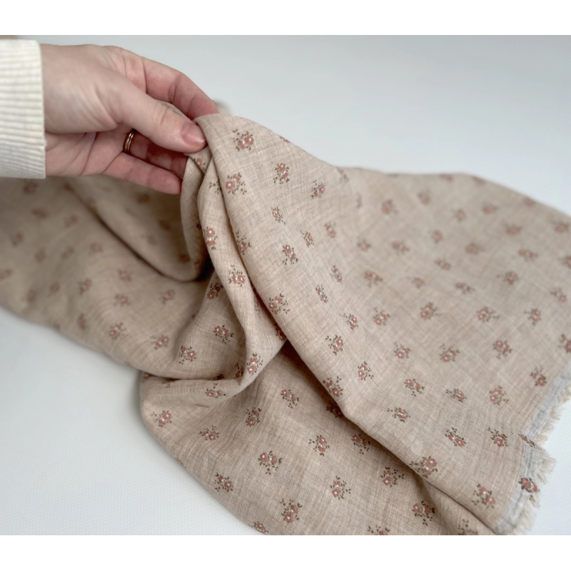 IDA - Double gaze de coton BIO chiné coloris beige fleuri