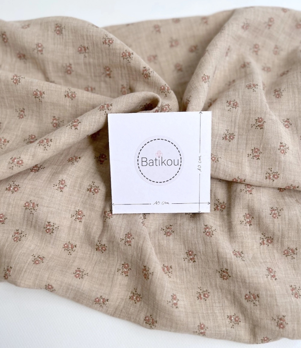 IDA - Double gaze de coton BIO chiné coloris beige fleuri