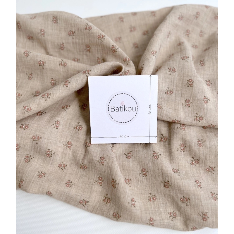 IDA - Double gaze de coton BIO chiné coloris beige fleuri