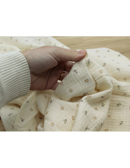 Léon - Double gaze de coton beige écru poudré à motifs