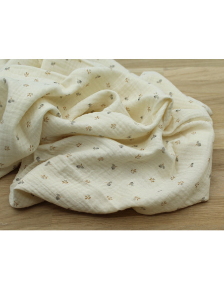 Léon - Double gaze de coton beige écru poudré à motifs