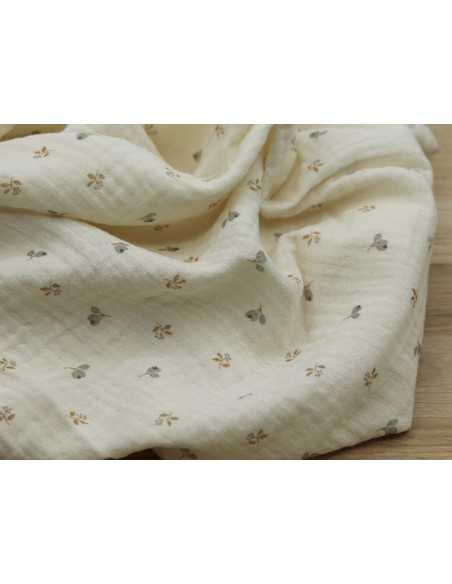 Léon - Double gaze de coton beige écru poudré à motifs