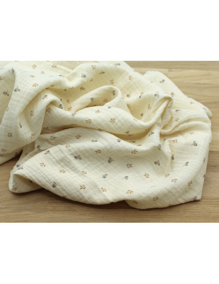 Léon - Double gaze de coton beige écru poudré à motifs