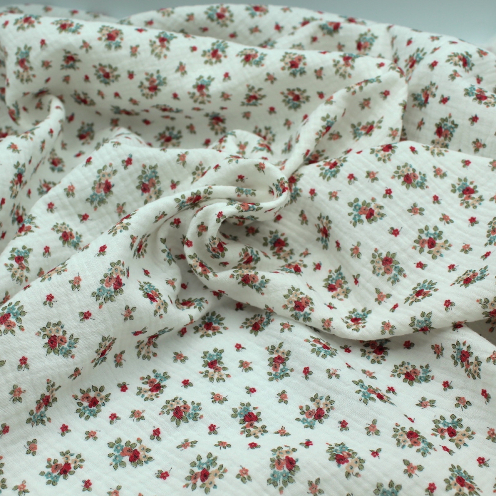 Lisette - Double gaze de coton BIO motif fleuri fond blanc Tissus issus de l'agriculture biologique  - 1