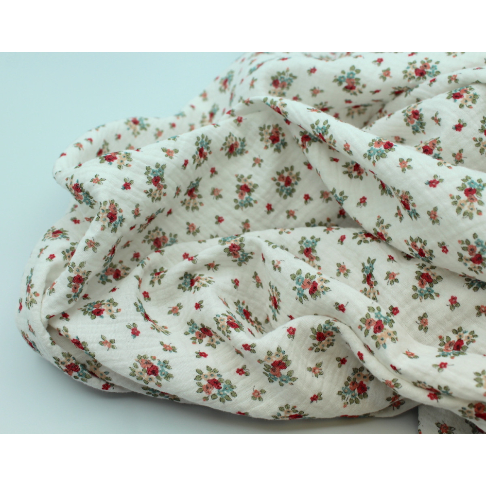 Lisette - Double gaze de coton BIO motif fleuri fond blanc Tissus issus de l'agriculture biologique  - 3