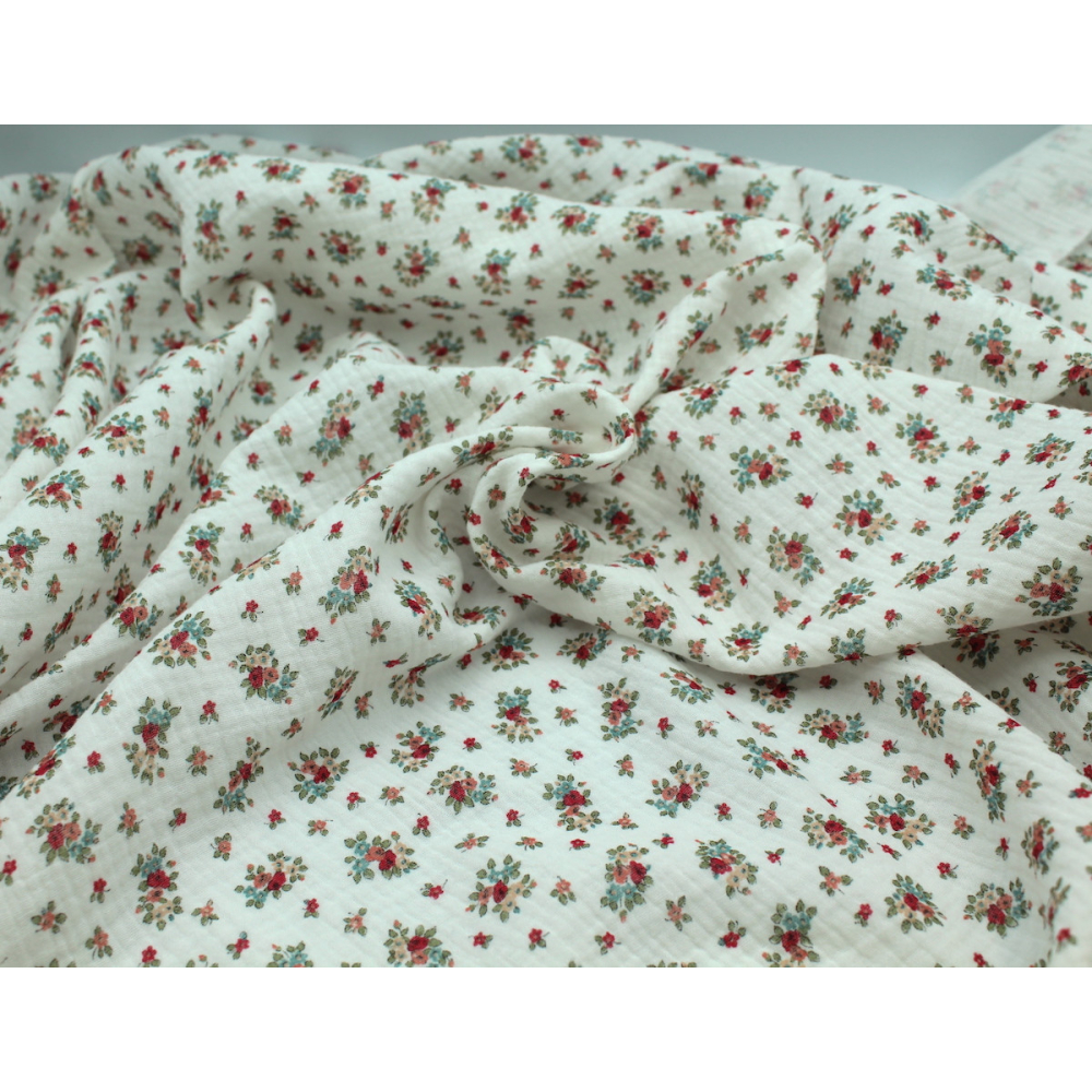 Lisette - Double gaze de coton BIO motif fleuri fond blanc Tissus issus de l'agriculture biologique  - 4