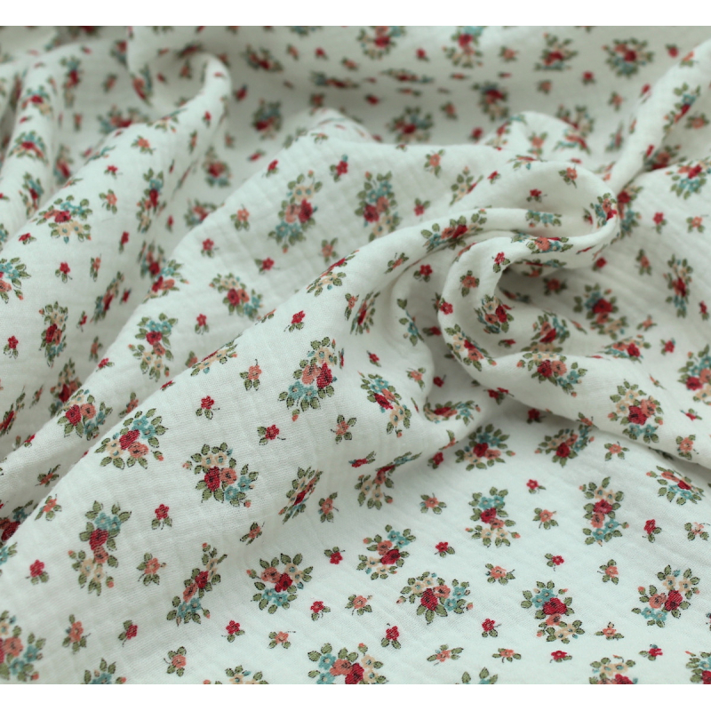 Lisette - Double gaze de coton BIO motif fleuri fond blanc Tissus issus de l'agriculture biologique  - 5