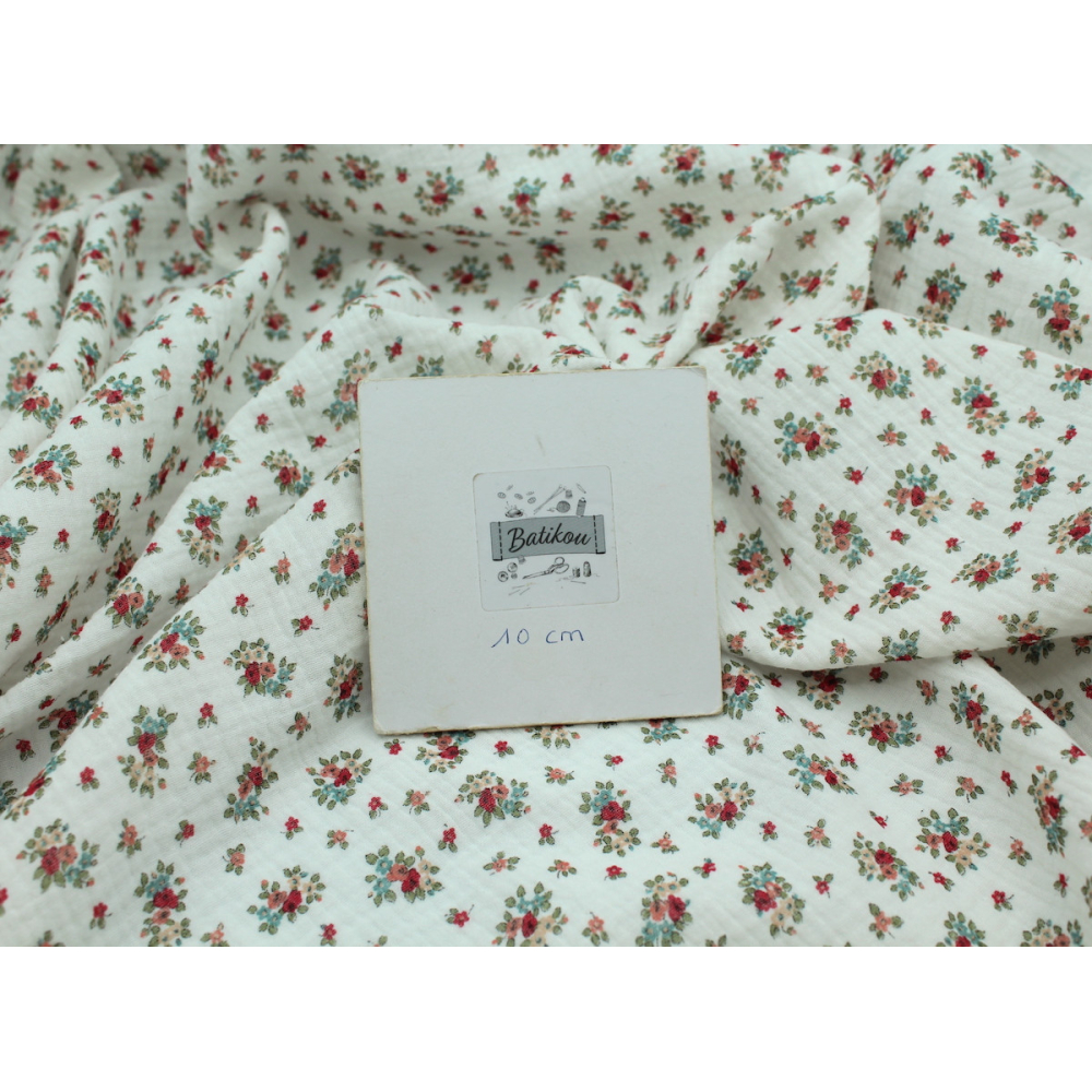 Lisette - Double gaze de coton BIO motif fleuri fond blanc Tissus issus de l'agriculture biologique  - 6