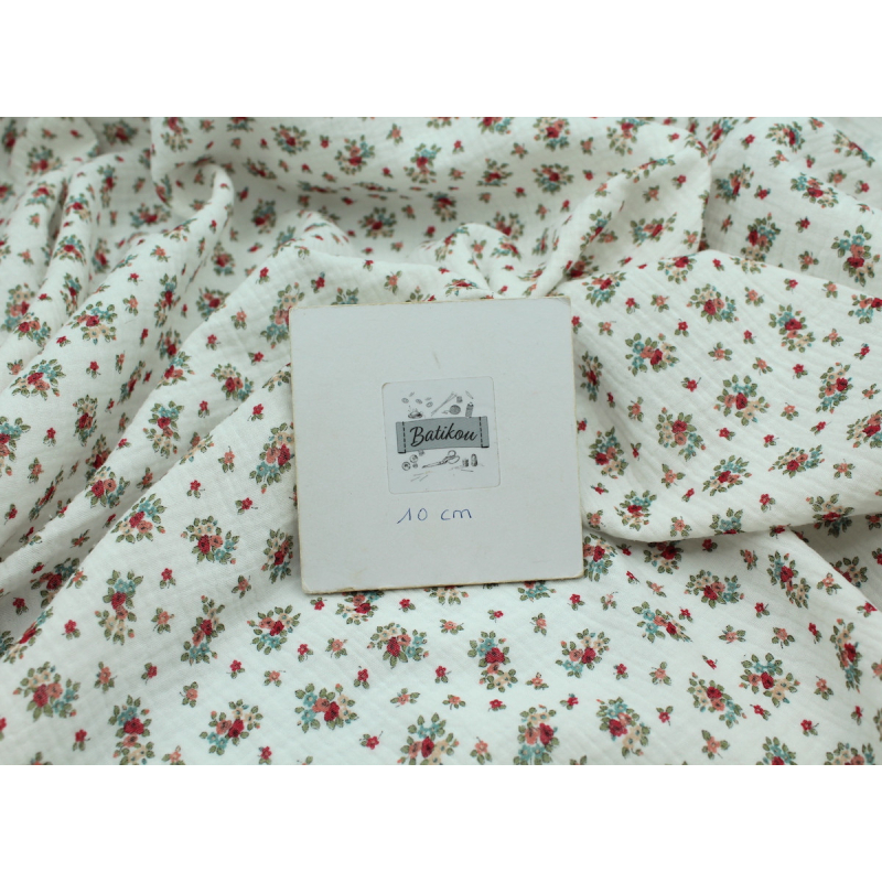 Lisette - Double gaze de coton BIO motif fleuri fond blanc Tissus issus de l'agriculture biologique  - 6