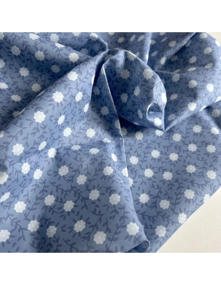 Gaspard - Batiste de coton organique imprimé fleuri fond bleu