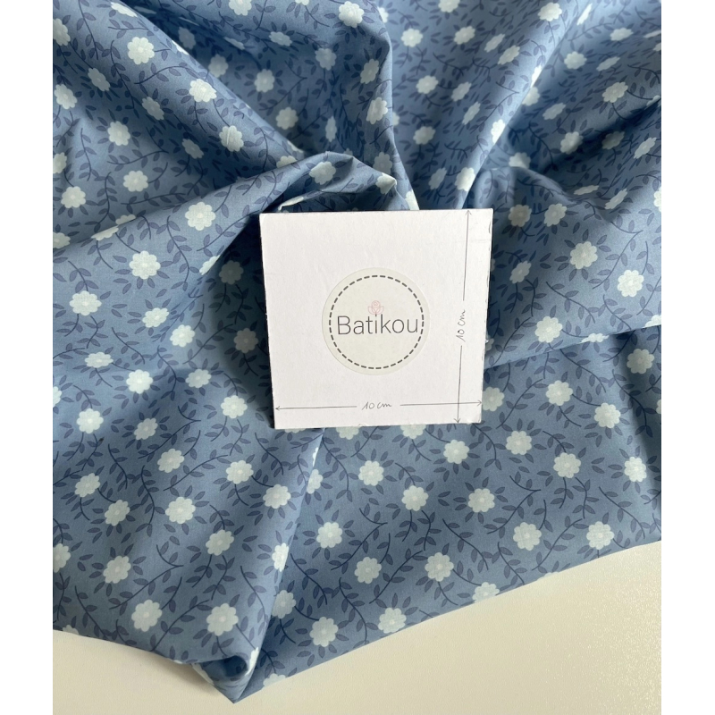 Gaspard - Batiste de coton organique imprimé fleuri fond bleu