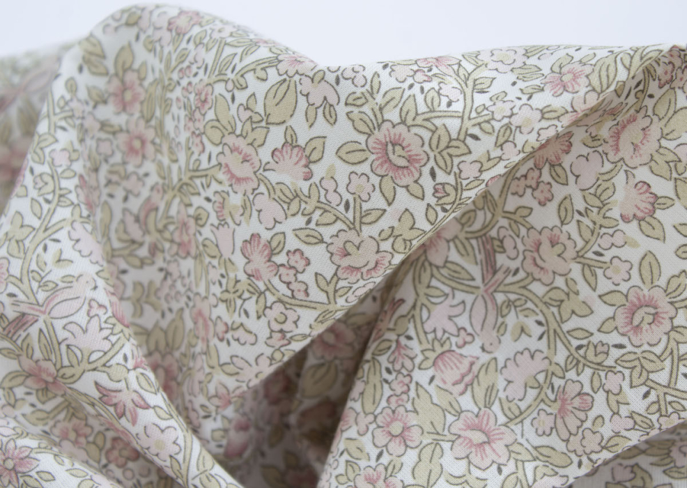 Birdy - Batiste de coton BIO imprimé exclusif Rose et vert fané