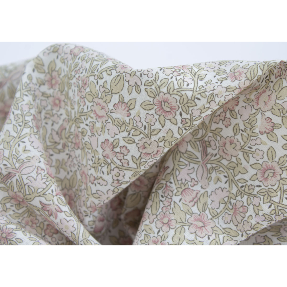 Birdy - Batiste de coton BIO imprimé exclusif Rose et vert fané