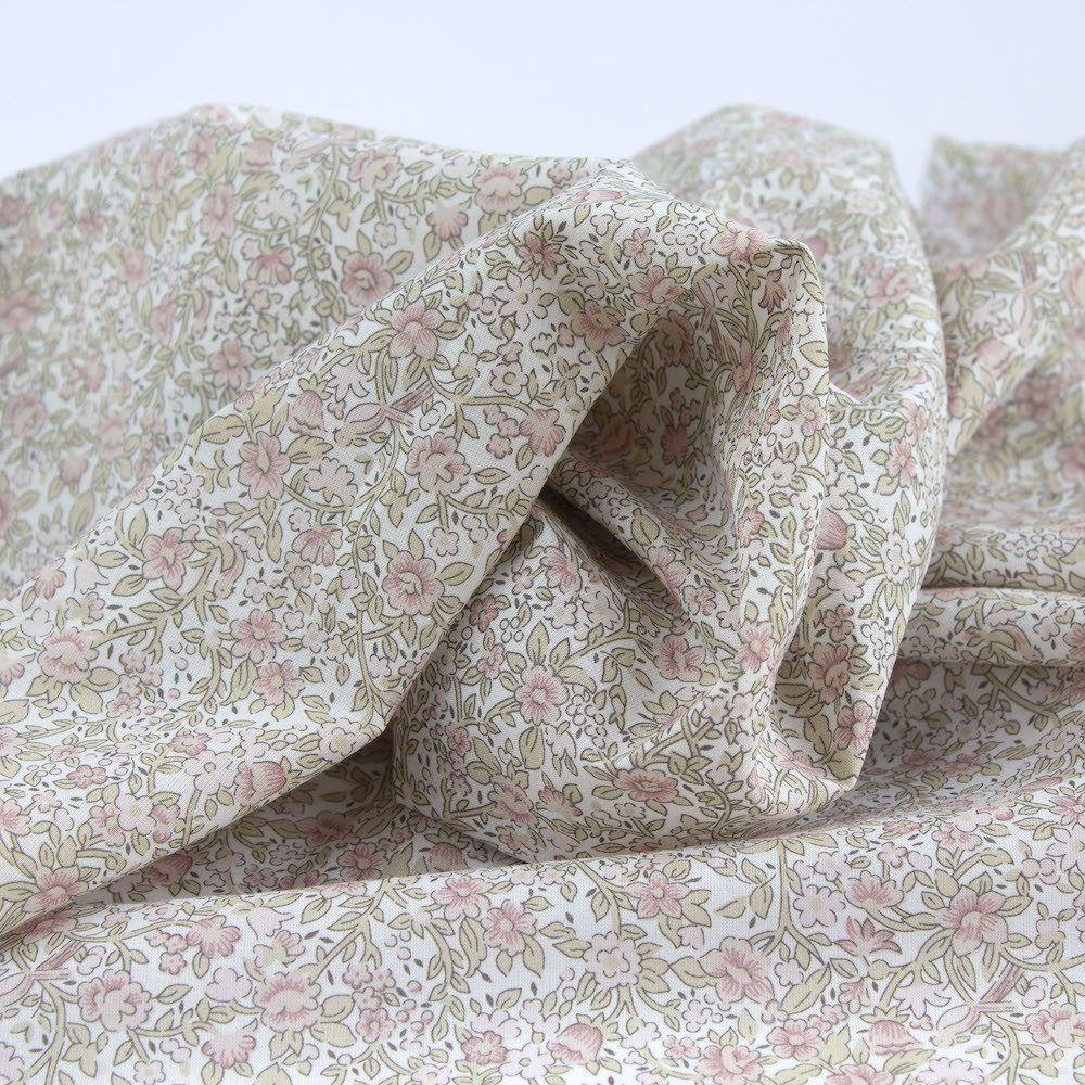 Birdy - Batiste de coton BIO imprimé exclusif Rose et vert fané