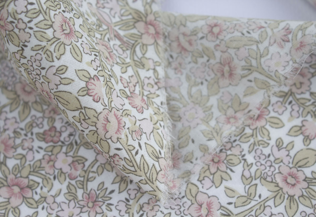 Birdy - Batiste de coton BIO imprimé exclusif Rose et vert fané