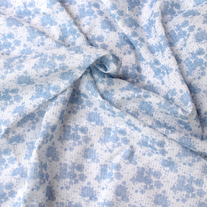 Voile de coton organique rayé imprimé fleuri bleu faïence Tissus issus de l'agriculture biologique  - 1