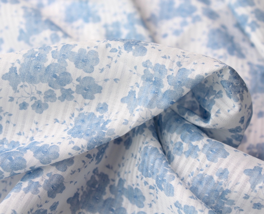 Voile de coton organique rayé imprimé fleuri bleu faïence Tissus issus de l'agriculture biologique  - 2