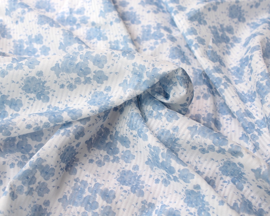 Voile de coton organique rayé imprimé fleuri bleu faïence Tissus issus de l'agriculture biologique  - 3