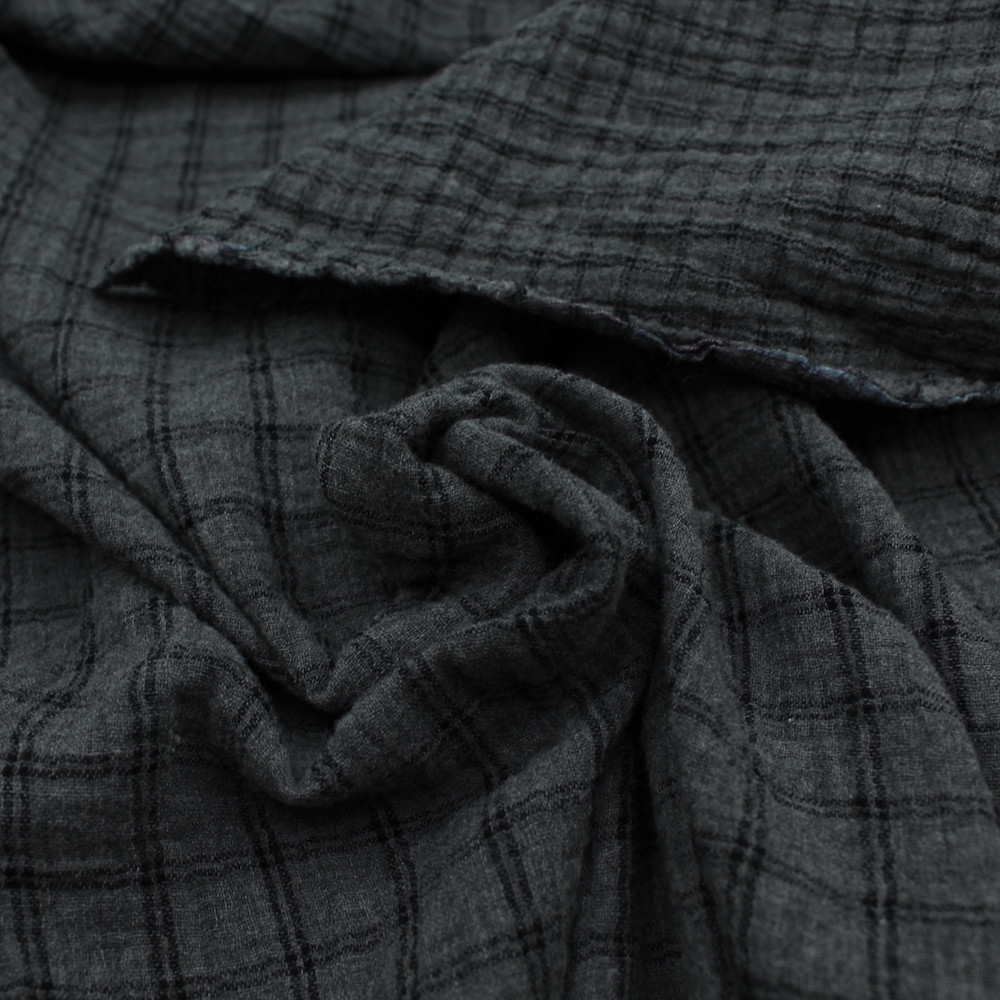 Double gaze de coton réversible BIO chiné coloris gris anthracite carreaux