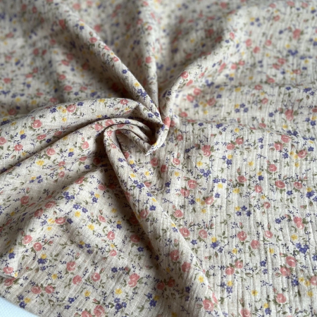 Idalie - Double gaze de coton BIO chiné coloris beige fleuri