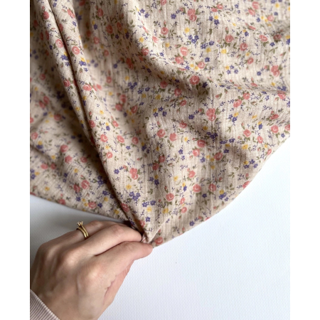Idalie - Double gaze de coton BIO chiné coloris beige fleuri