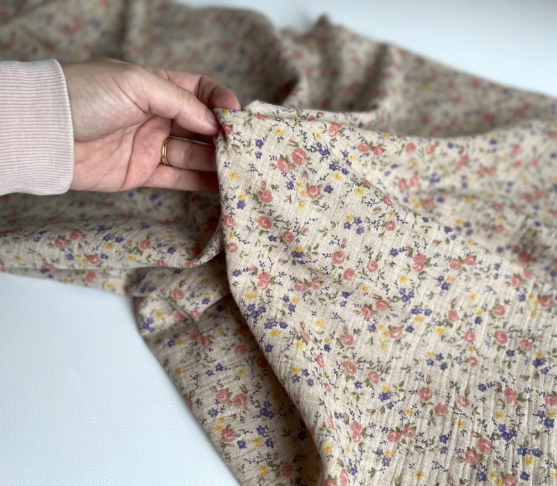 Idalie - Double gaze de coton BIO chiné coloris beige fleuri